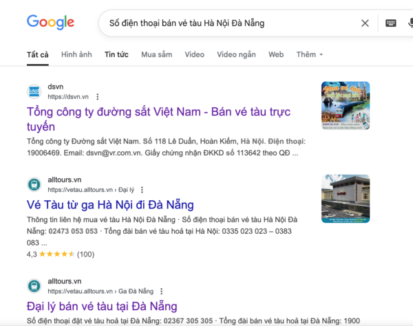 Tìm tên và thông tin, số điện thoại đại lý uy tín bán vé tàu Hà Nội Đà Nẵng trên Google