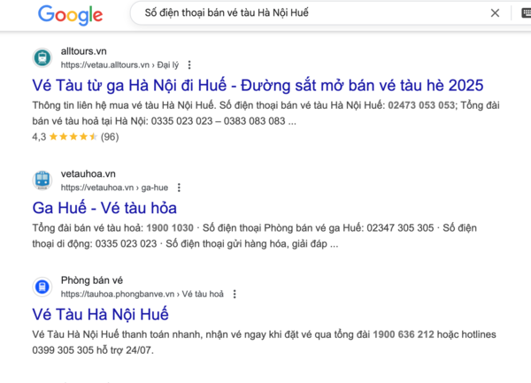 Tìm tên và thông tin, số điện thoại đại lý uy tín bán vé tàu Hà Nội Huế trên Google
