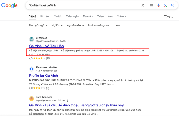 Tìm kiếm Số điện thoại ga Vinh