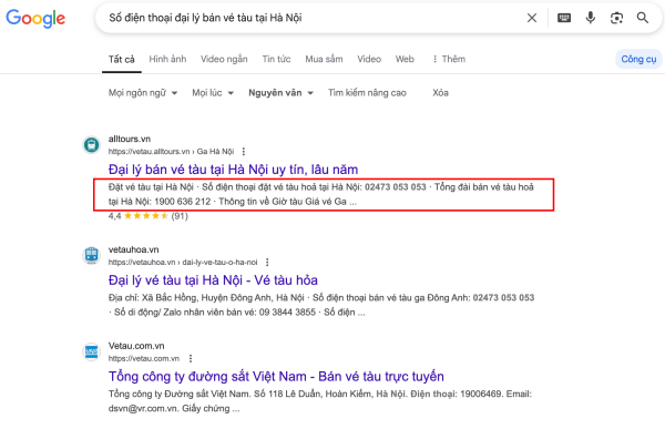 Số điện thoại đại lý bán vé tàu tại Hà Nội
