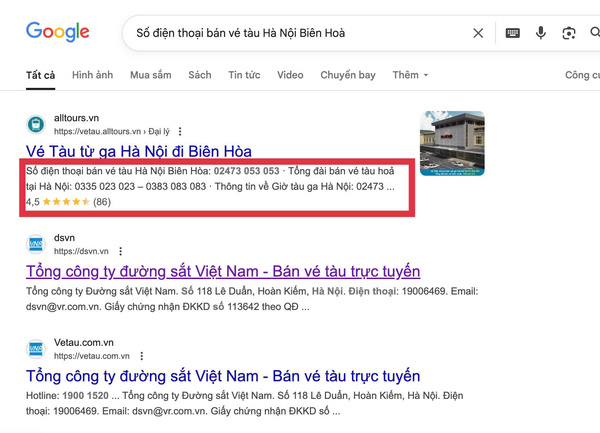 Tìm tên và thông tin, số điện thoại đại lý uy tín bán vé tàu Hà Nội Biên Hoà trên Google