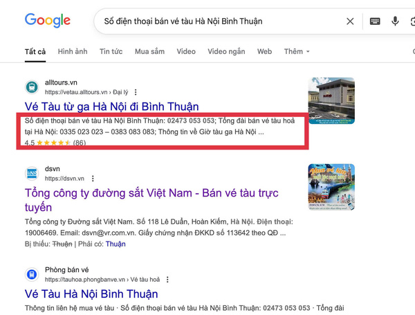 Tìm tên và thông tin, số điện thoại đại lý uy tín bán vé tàu Hà Nội Bình Thuận trên Google
