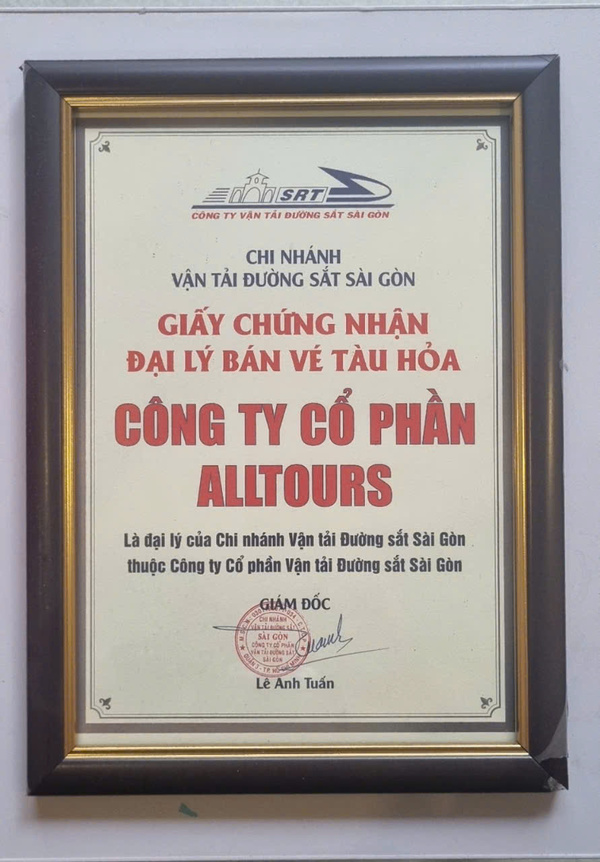 Giấy chứng nhận đại lý bán vé tàu hoả Công ty Cổ phần Alltours