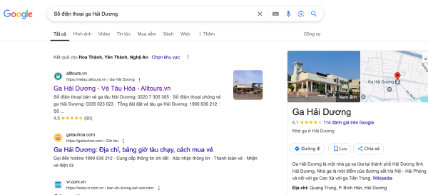 Hành khách tra cứu số điện thoại đặt vé ga Hải Dương bằng cách nhập từ khoá