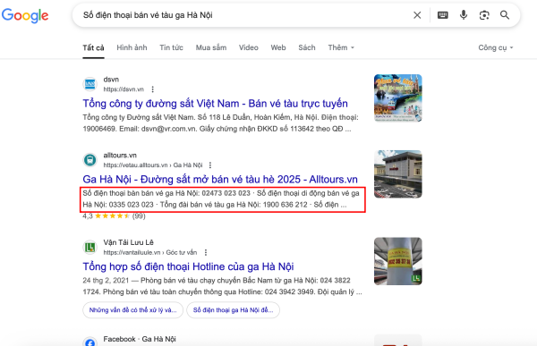 Số điện thoại bán vé tàu ga Hà Nội
