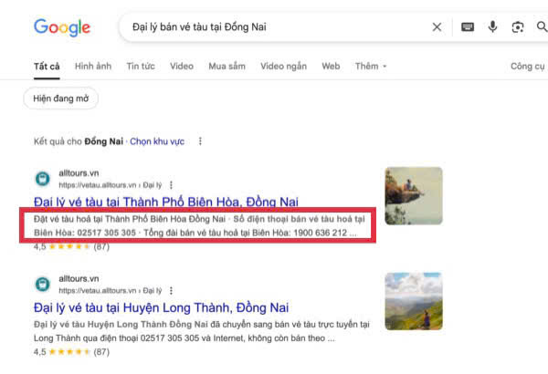 Để tìm số điện thoại đại lý, hành khách gõ tìm cụm từ khoá: Đại lý bán vé tàu tại Đồng Nai