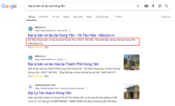 Các đại lý bán vé tàu tại Hưng Yên uy tín sẽ xuất hiện ở vị trí đầu tiên