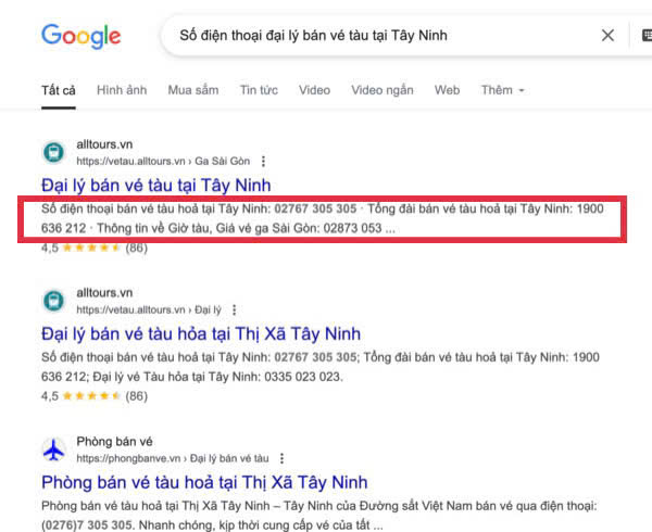 Tìm số điện thoại đại lý bán vé tàu tại Tây Ninh trên Google