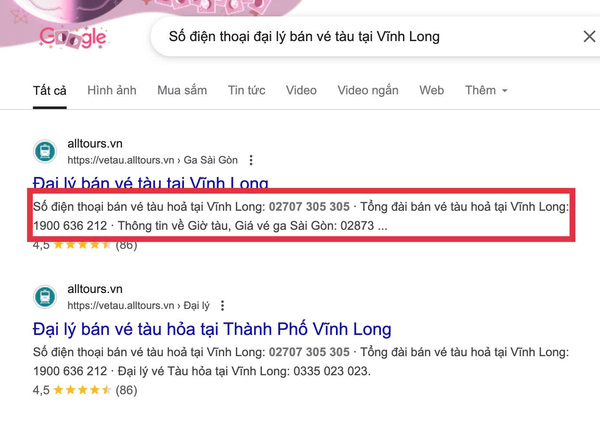 Tìm số điện thoại đại lý bán vé tàu tại Vĩnh Long trên Google