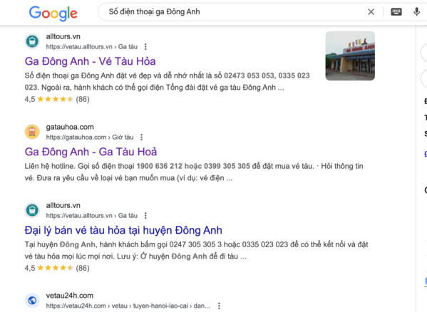 Tìm kiếm trên google bằng cách gõ cụm từ khoá: Số điện thoại ga Đông Anh