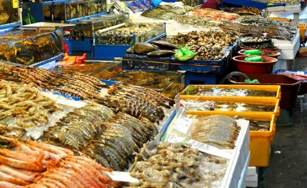 Các nhà hàng và quán ăn nơi đây luôn bày biện đủ loại hải sản tươi sống.