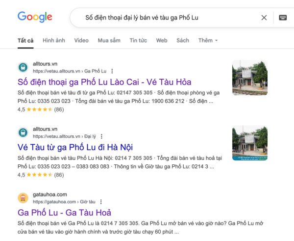 Gõ tìm kiếm: Số điện thoại đại lý bán vé tàu ga Phố Lu