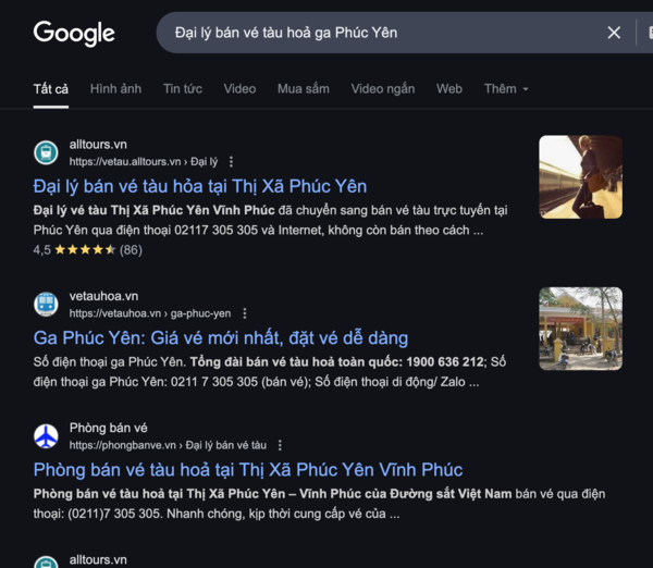 Gõ tìm kiếm: Đại lý bán vé tàu hoả ga Phúc Yên