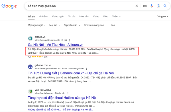 Hành khách tìm kiếm trên Google: Số điện thoại ga Hà Nội