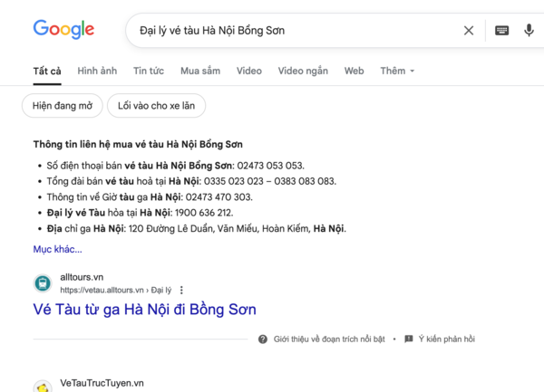 Hành khách tìm đại lý uy tín bán vé tàu Hà Nội Bồng Sơn qua Google