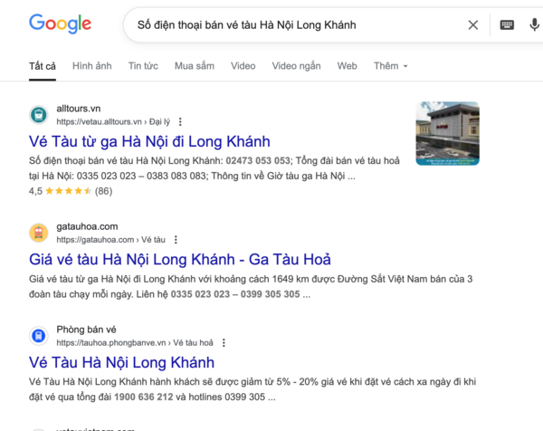 Tìm tên và thông tin, số điện thoại đại lý uy tín bán vé tàu Hà Nội Long Khánh trên Google
