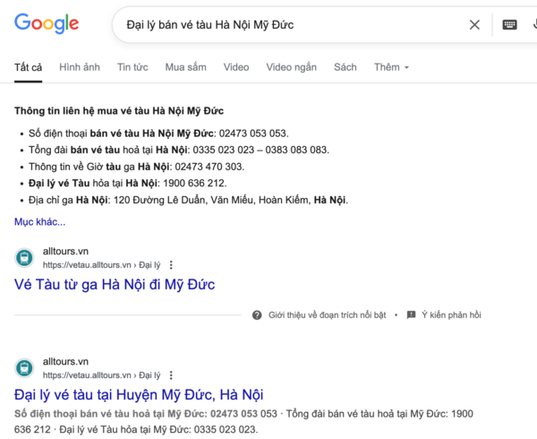 Tìm trên Google thông tin đại lý bán vé tàu Hà Nội Mỹ Đức