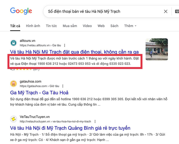 Hành khách tìm tên và thông tin, số điện thoại đại lý uy tín bán vé tàu Hà Nội Mỹ Trạch qua Google
