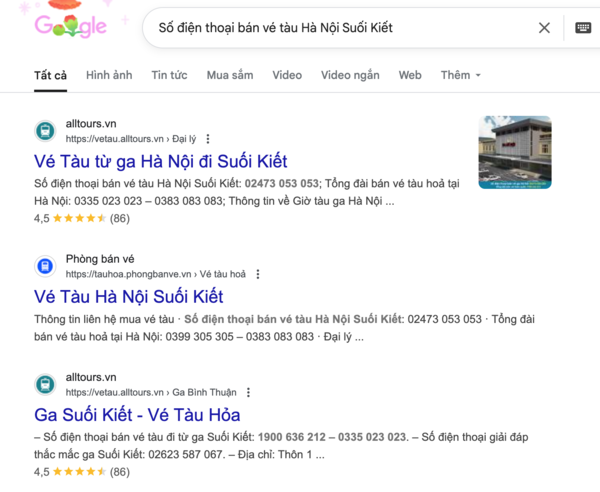 Tra cứu Số điện thoại bán vé tàu Hà Nội Suối Kiết trên google