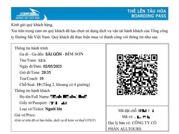 Vé điện tử tàu Sài Gòn Bỉm Sơn