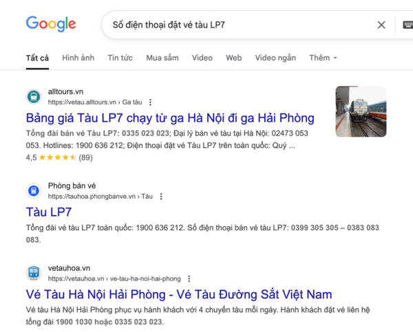 Tìm tên và thông tin, số điện thoại đại lý uy tín bán vé tàu LP7 trên Google