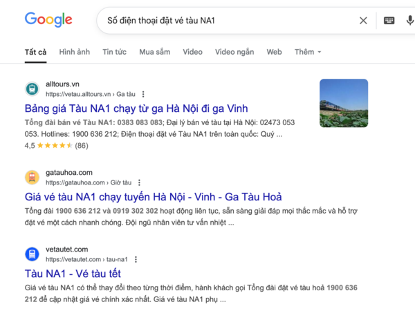 Tìm tên và thông tin, số điện thoại đại lý uy tín bán vé tàu NA1 trên Google