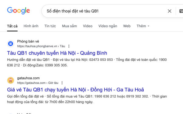 Tìm tên và thông tin, số điện thoại đại lý uy tín bán vé tàu QB1 trên Google
