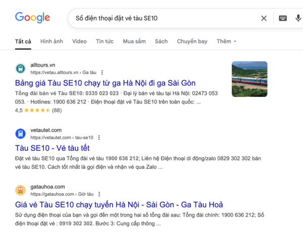 Tìm tên và thông tin, số điện thoại đại lý uy tín bán vé tàu SE10 trên Google