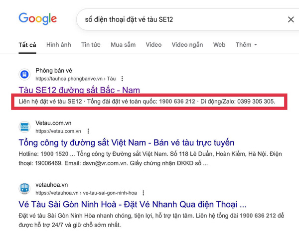 Tìm tên và thông tin, số điện thoại đại lý uy tín bán vé tàu SE12 trên Google