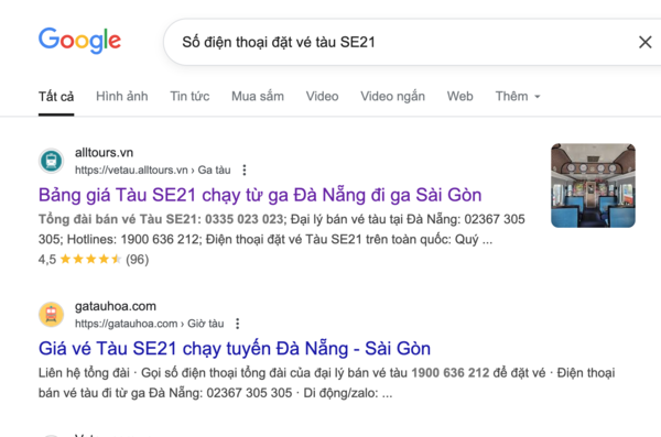 Tìm tên và thông tin, số điện thoại đại lý uy tín bán vé tàu SE21 trên Google
