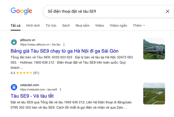 Tìm tên và thông tin, số điện thoại đại lý uy tín bán vé tàu SE9 trên Google