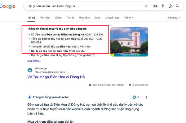 Đại lý bán vé tàu Biên Hòa Đông Hà
