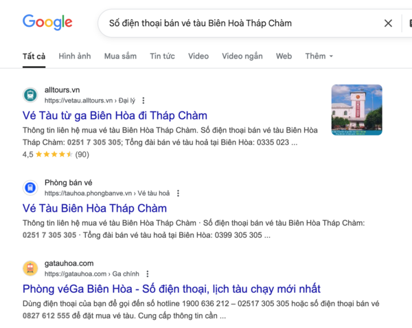 Tìm tên và thông tin, số điện thoại đại lý uy tín bán vé tàu Biên Hoà Tháp Chàm trên Google