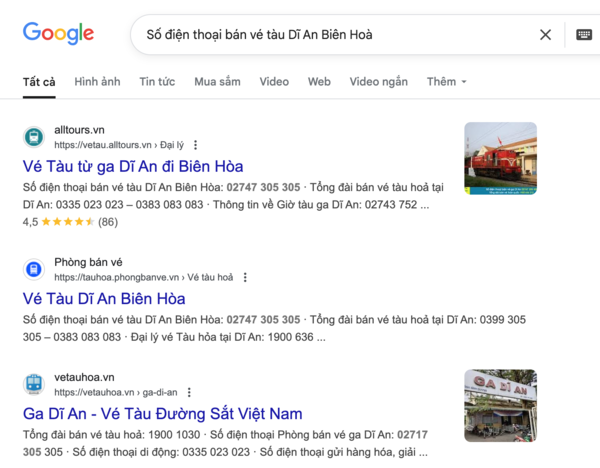 Tìm tên và thông tin, số điện thoại đại lý uy tín bán vé tàu Dĩ An Biên Hoà trên Google