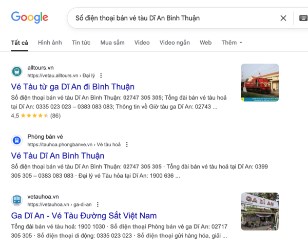 Tìm tên và thông tin, số điện thoại đại lý uy tín bán vé tàu Dĩ An Bình Thuận trên Google