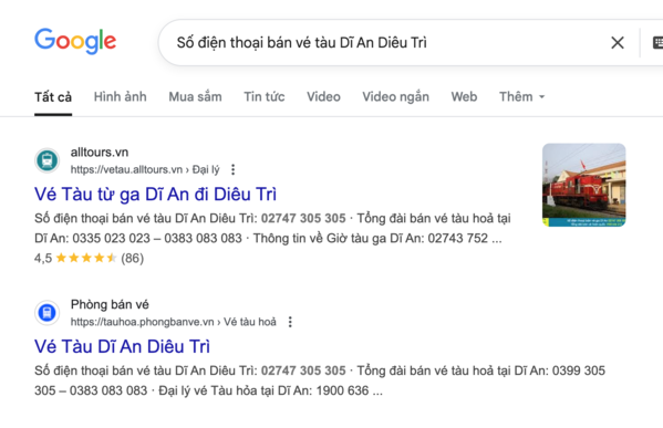 Tìm tên và thông tin, số điện thoại đại lý uy tín bán vé tàu Dĩ An Diêu Trì trên Google
