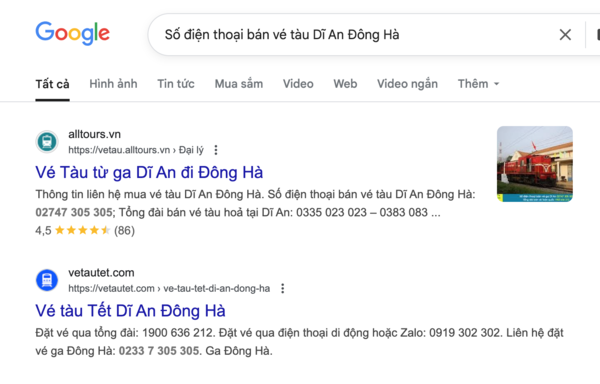Tìm tên và thông tin, số điện thoại đại lý uy tín bán vé tàu Dĩ An Đông Hà trên Google