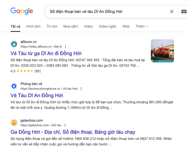 Tìm tên và thông tin, số điện thoại đại lý uy tín bán vé tàu Dĩ An Đồng Hới trên Google