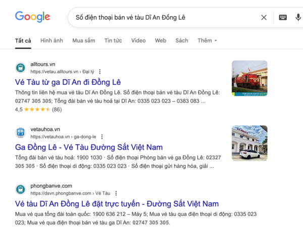 Tìm tên và thông tin, số điện thoại đại lý uy tín bán vé tàu Dĩ An Đồng Lê trên Google