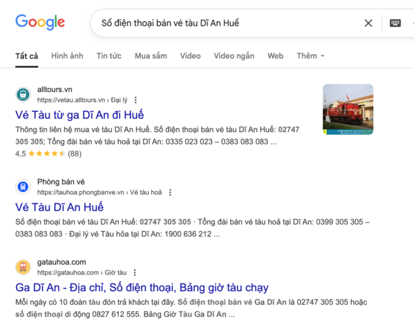 Tìm tên và thông tin, số điện thoại đại lý uy tín bán vé tàu Dĩ An Huế trên Google