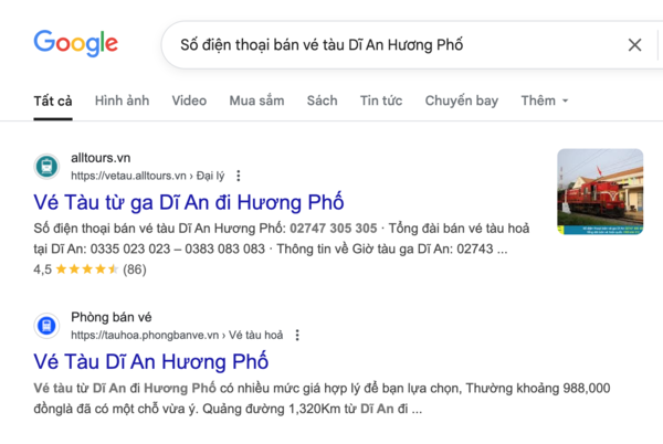 Tìm tên và thông tin, số điện thoại đại lý uy tín bán vé tàu Dĩ An Hương Phố trên Google