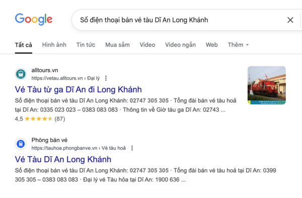 Tìm tên và thông tin, số điện thoại đại lý uy tín bán vé tàu Dĩ An Long Khánh trên Google