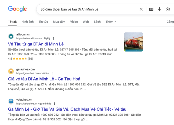 Tìm tên và thông tin, số điện thoại đại lý uy tín bán vé tàu Dĩ An Minh Lệ trên Google
