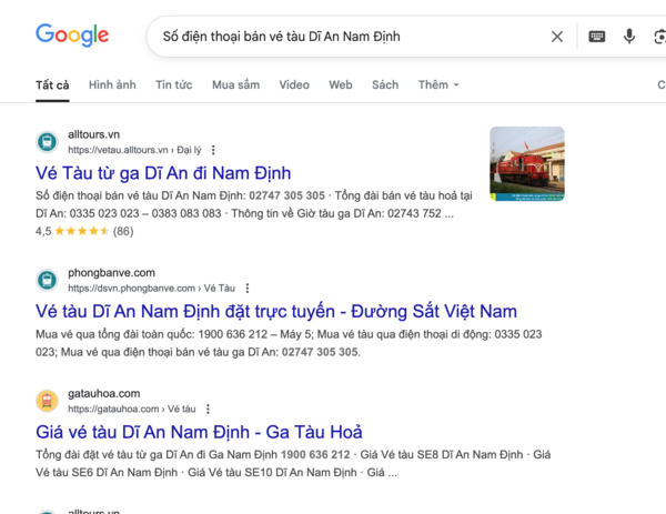 Tìm tên và thông tin, số điện thoại đại lý uy tín bán vé tàu Dĩ An Nam Định trên Google