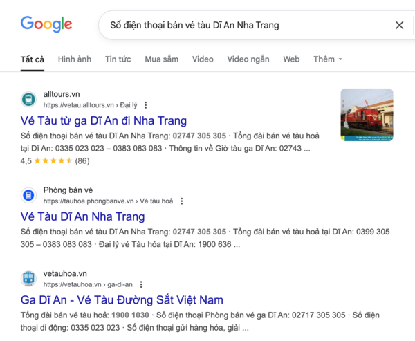 Tìm tên và thông tin, số điện thoại đại lý uy tín bán vé tàu Dĩ An Nha Trang trên Google
