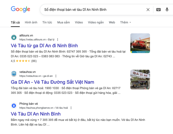 Tìm tên và thông tin, số điện thoại đại lý uy tín bán vé tàu Dĩ An Ninh Bình trên Google