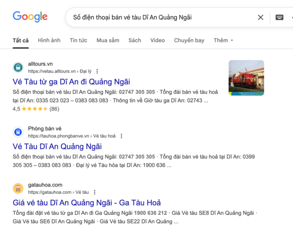 Tìm tên và thông tin, số điện thoại đại lý uy tín bán vé tàu Dĩ An Quảng Ngãi trên Google
