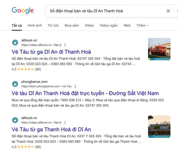 Tìm tên và thông tin, số điện thoại đại lý uy tín bán vé tàu Dĩ An Thanh Hoá trên Google