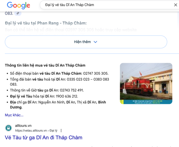 Tìm thông tin đại lý uy tín và liên hệ bán vé tàu Dĩ An Tháp Chàm trên Google