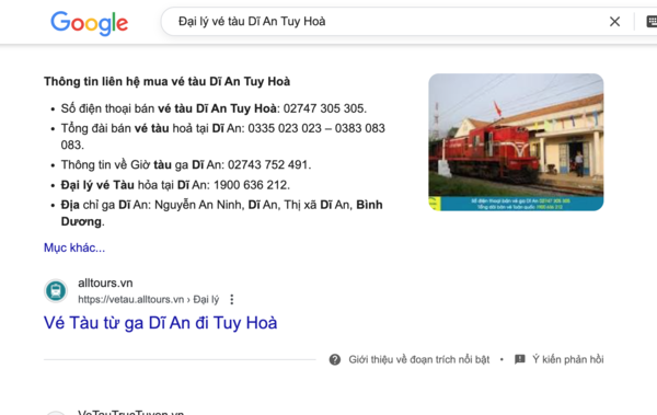 Tìm thông tin đại lý uy tín và liên hệ mua vé tàu Dĩ An Tuy Hoà trên Google